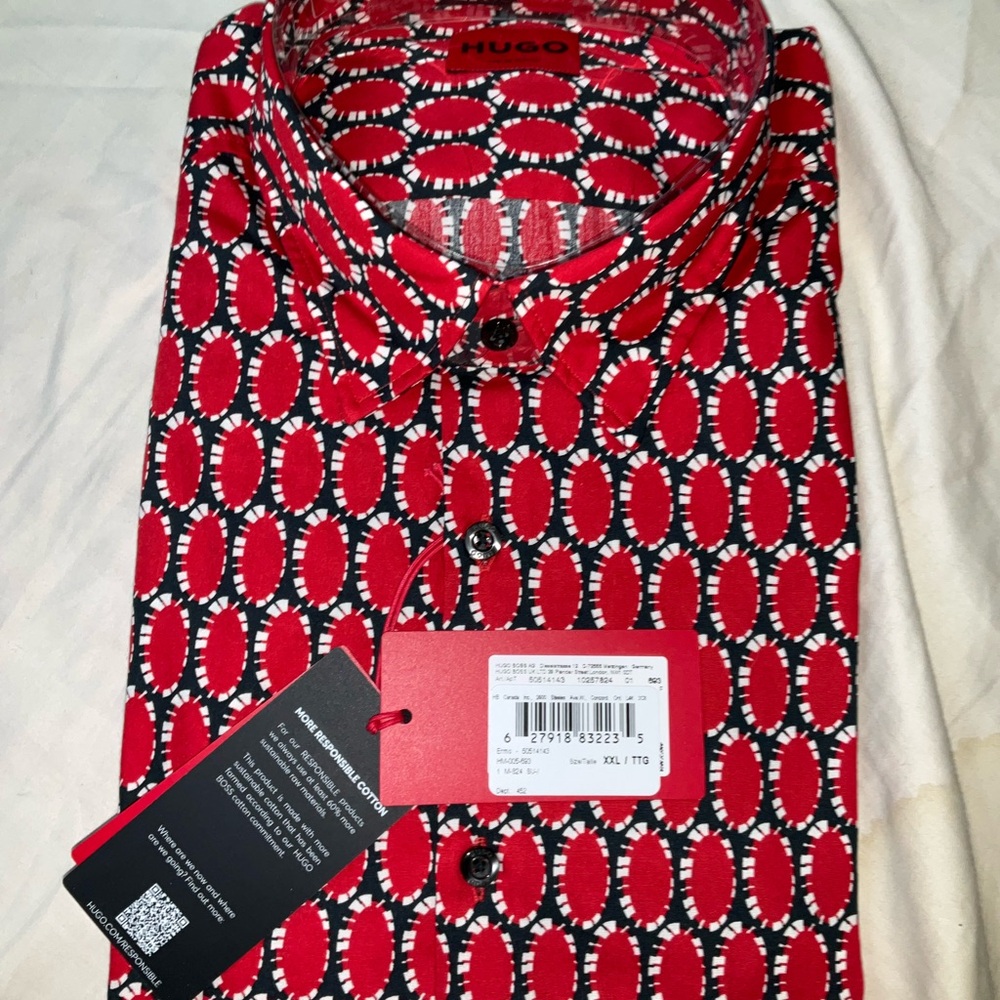 Hugo Red Patterned Men's Shirt size XXL slim fit
